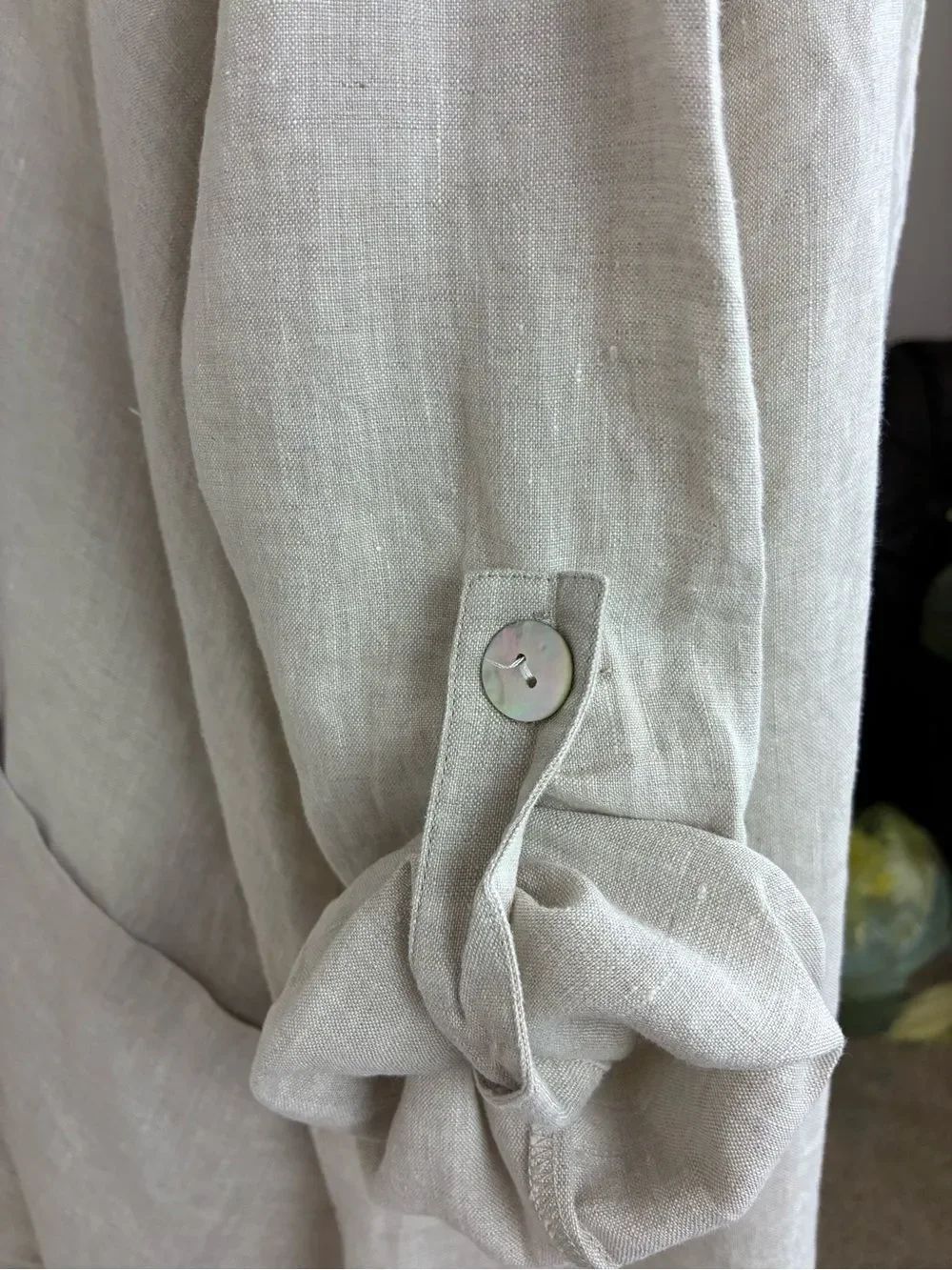 Relaxed Linen Tunic w-Draped Cowl Neck & convertible sleeves great pockets! - Picture 7 of 9